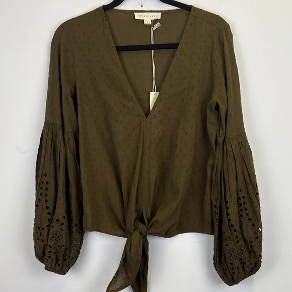 NEW Lovestitch Boho Front Tie V-Neck Long Sleeve Top Womens Size S Olive NWT - Picture 1 of 9